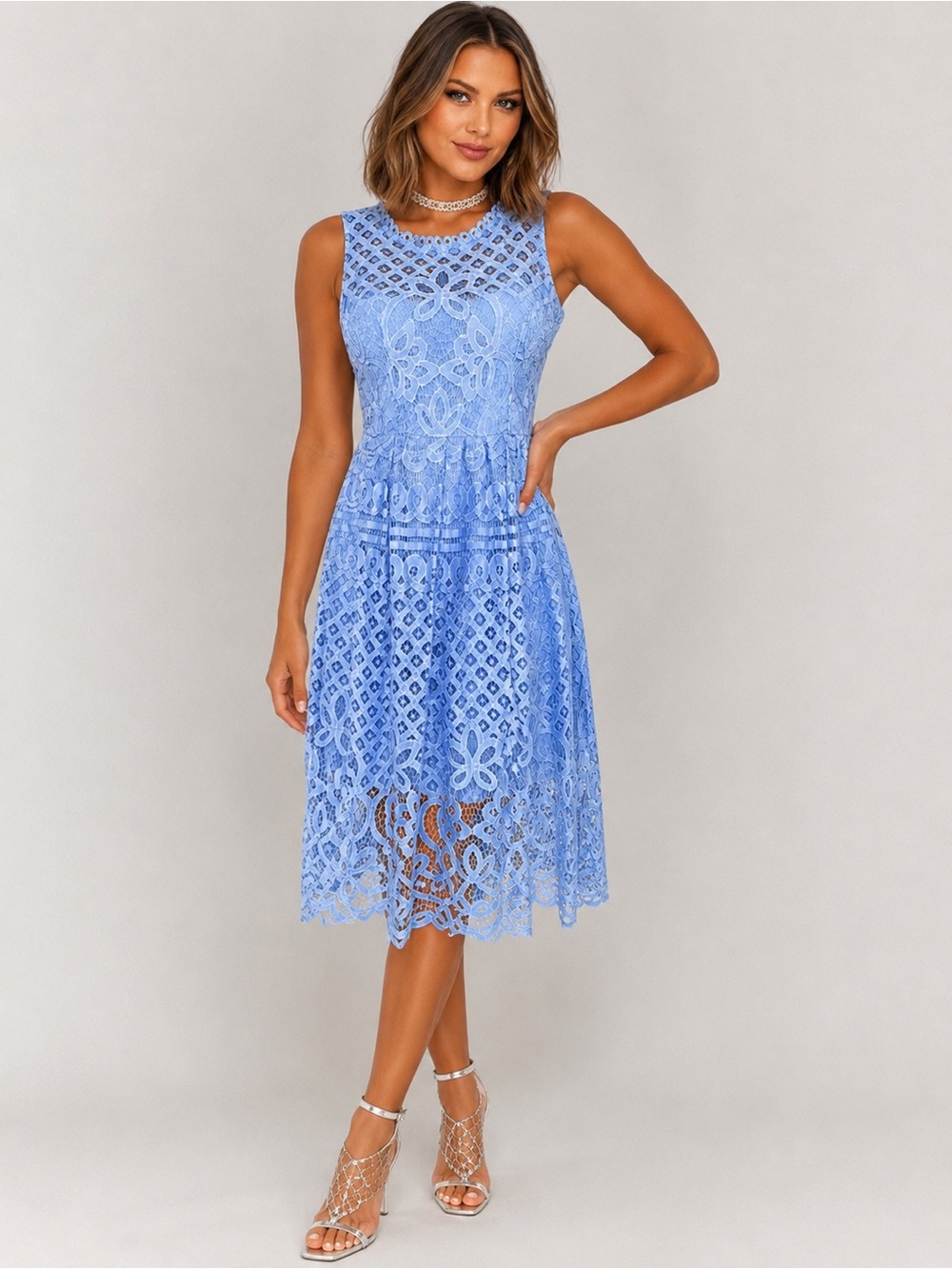 VEIISAR Pastel Blue Floral Lace Midi Dress - Sleeveless - New with Tags (NWT)